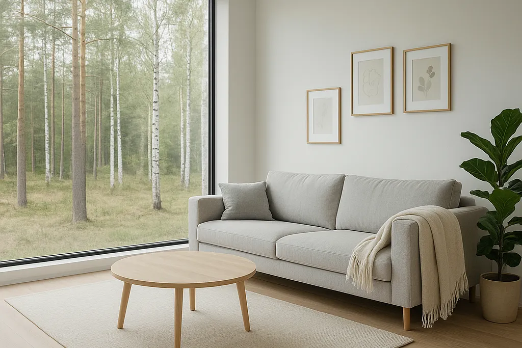 Vaalea olohuone, jossa iso maisemaikkuna ja metsänäkymä.