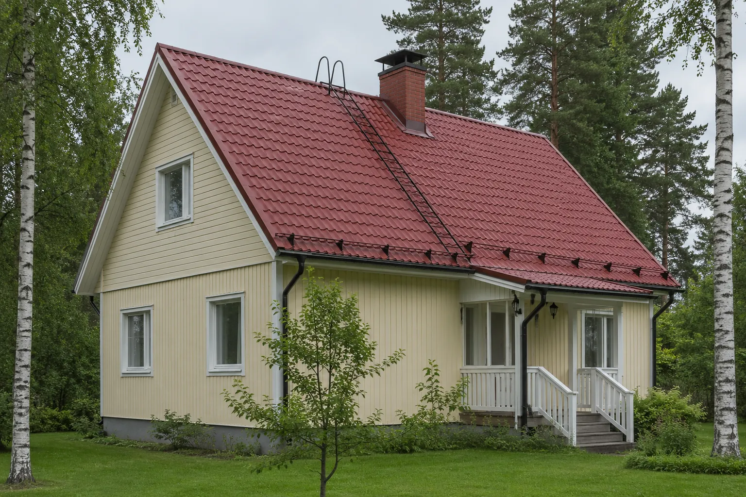 Keltainen perinteinen puutalo, jonka jyrkkä harjakatto on tiilenpunaista tiilikuvioista profiilipeltiä, harjalla muurattu tiilipiippu ja katolle nousevat tikkaat.