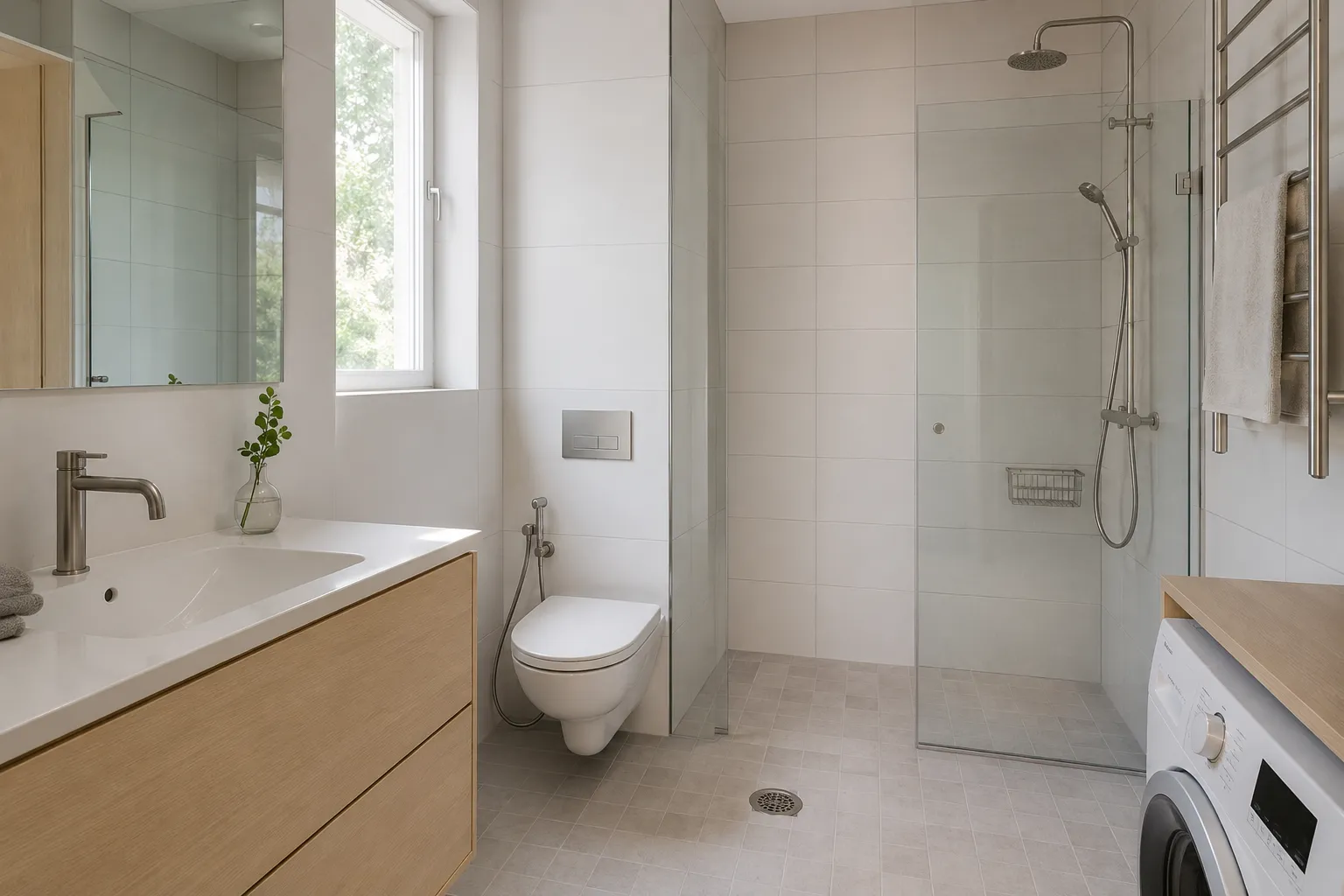 Vaalea skandinaavinen kylpyhuone, jossa valkoinen suurlaatta, koivukalusteet ja lasiseinäinen suihkunurkka.
