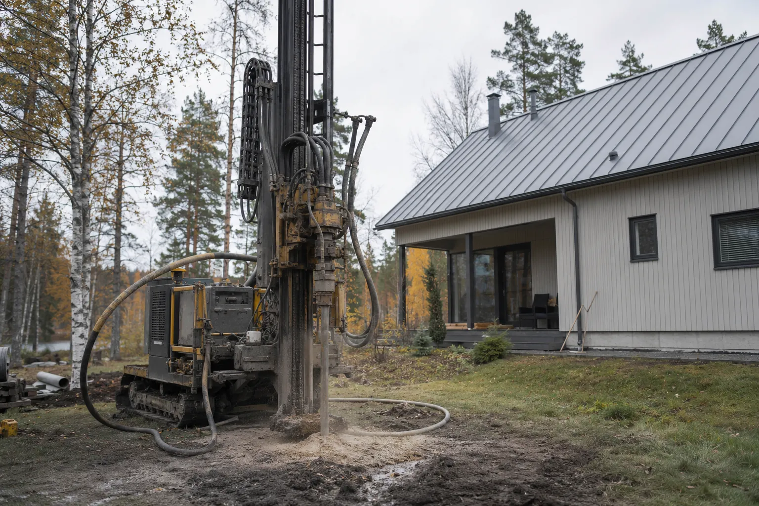 Porausvaunu poraa maalämpökaivoa harmaan peltikattoisen omakotitalon pihalla syksyllä.