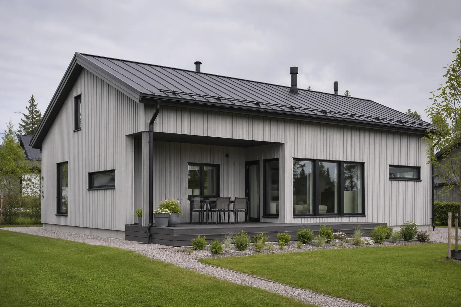 Vaaleanharmaaksi maalattu moderni puutalo, pystypaneeliverhous, mustat ikkunapuitteet ja katettu terassi.