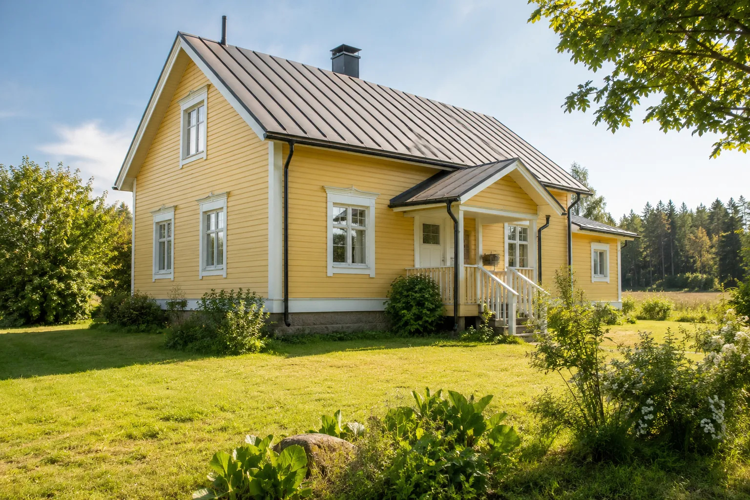 Keltaiseksi maalattu perinteinen puutalo, valkoiset listat ja harjakatto, aurinkoinen piha.