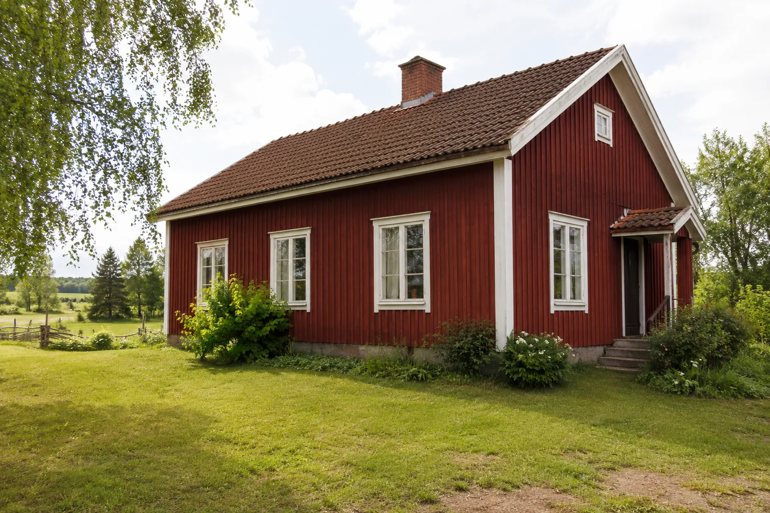 Punamullalla maalattu perinteinen puutalo, valkoiset ikkunanpielet ja nurkkalaudat, kesäinen maalaismaisema.