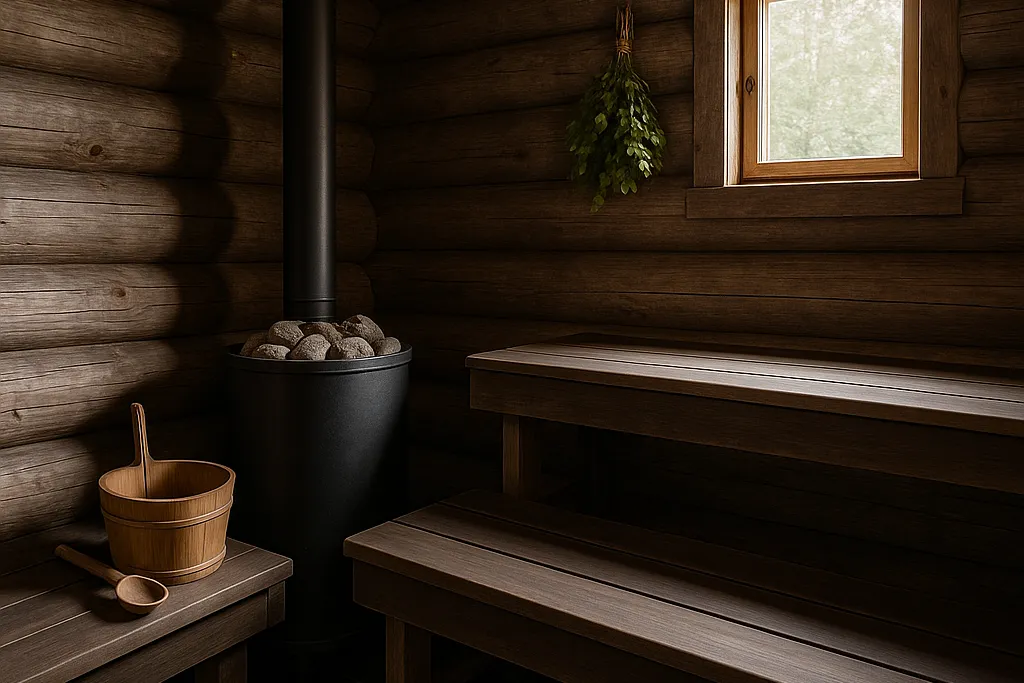 Perinteinen hirsisauna, jossa musta puukiuas savupiippuineen, leveät puulauteet ja vihta seinällä.